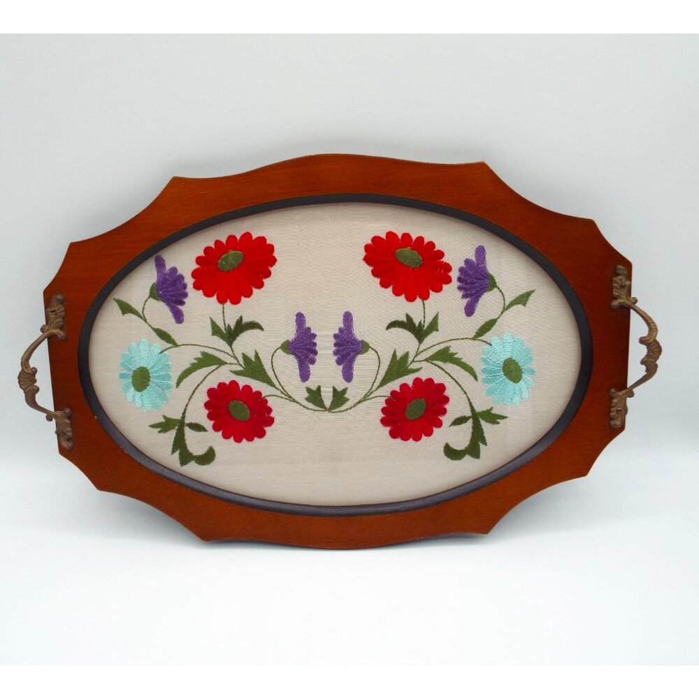 Vintage Oval Glass and Wood Embroidered Floral Serving Vanity Tray Brass Handles